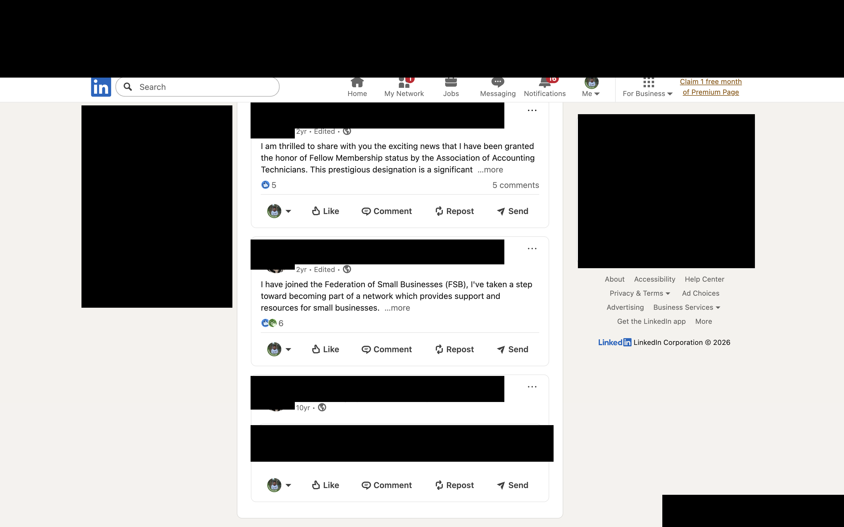 A redacted LinkedIn activity feed showing posts from two and ten years ago; the name, photo, and business are blacked out