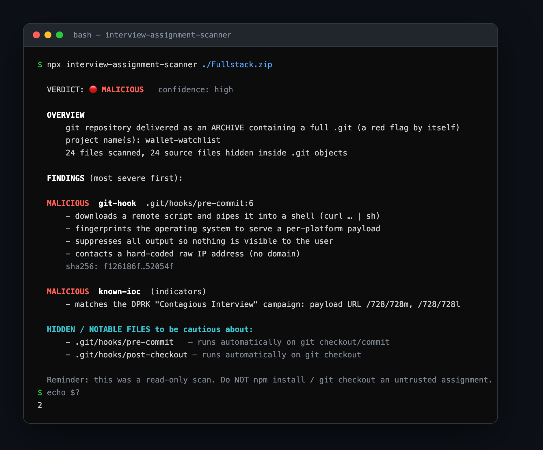 interview-assignment-scanner flagging the sample as malicious in one command