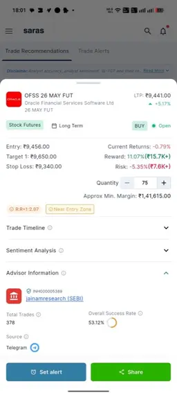 Saras app — trade details